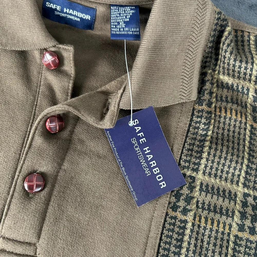 Safe Harbor Polo Sweatshirt Mens XL Brown Plaid Panel Long Sleeve NWT